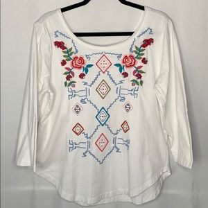Caite Floral Embroidered White 3/4 Sleeve Shirt